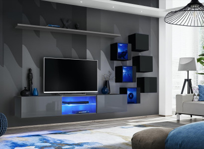 Set Modern Gray Furnishings Wall unit TV lowboard sideboard wooden furniture wall cabinet